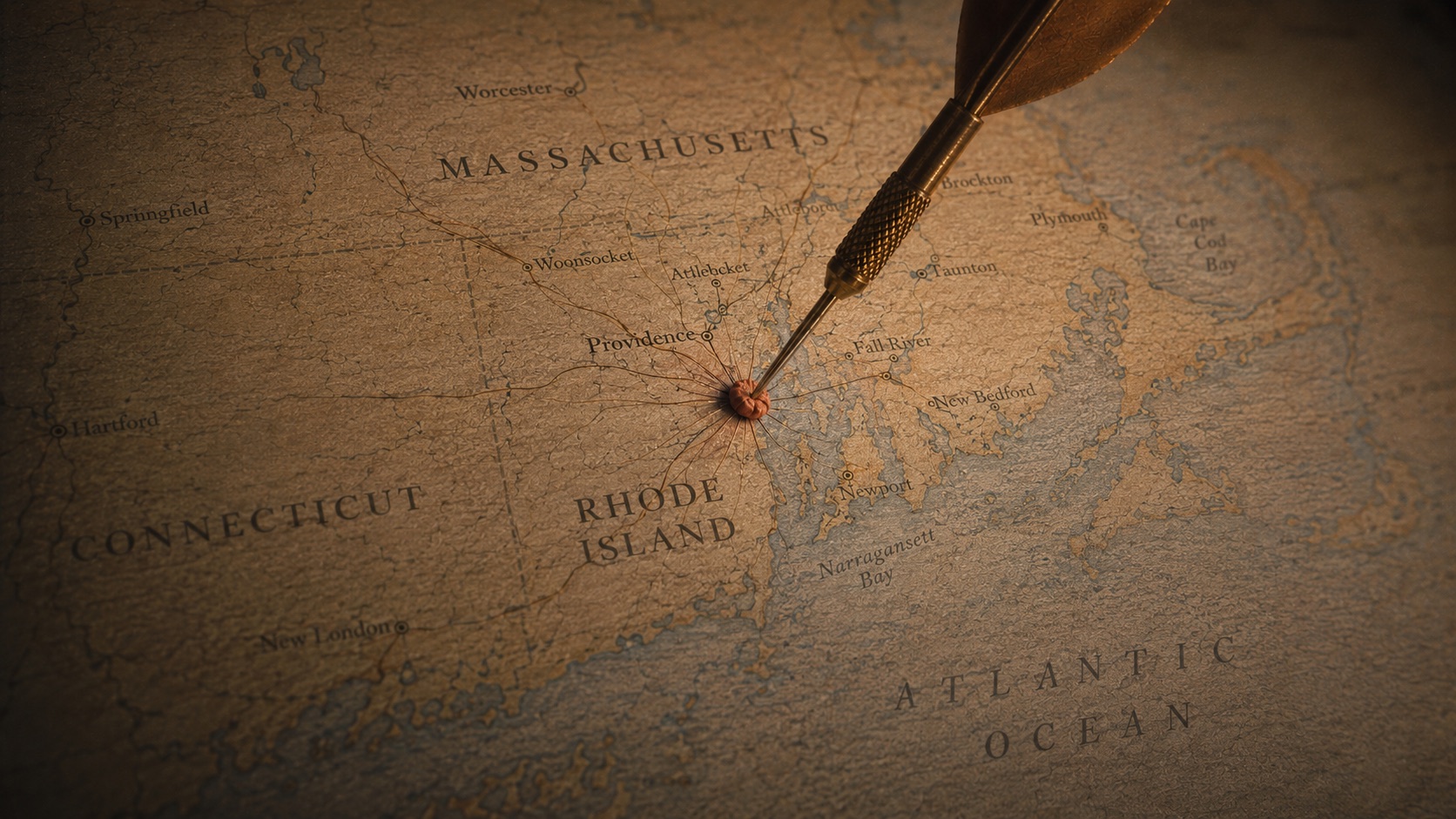 Vintage map of Rhode Island with a dart landing on Providence